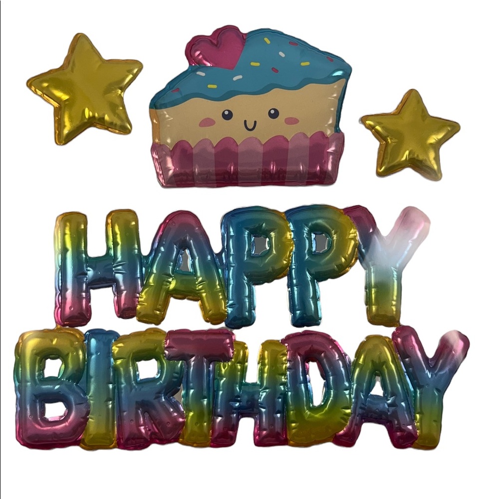 Jumbo puffy happy birthday with stars and a slice of cake sticker